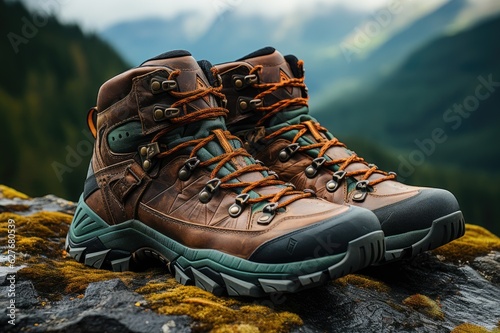Journey to Tranquility: Hiking Boots Explored in the Midst of Rocky Terrain, Encircled by Towering Green Mountains Generative AI 