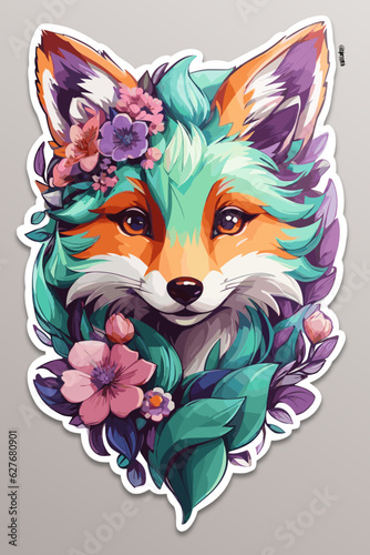 Illustration series containing some cute wild animals in decorative floral style and vivid colors.  This one focuses on a fox covered in flowers. 