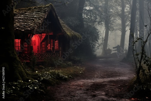 House with red colors at night in forest. Beautiful illustration picture. Generative AI