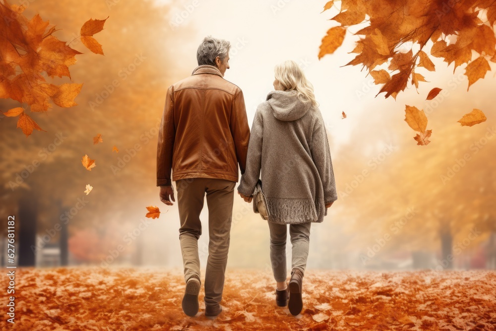 Obraz premium Old couple walking outside in the park. Beautiful illustration picture. Generative AI