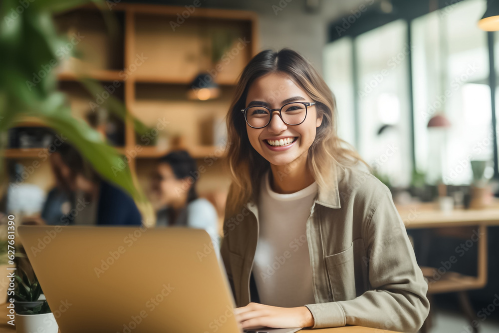 Smart Asian woman with stylish eyeglasses works in a busy office, smiling at the camera amid a blurred background. generative AI.