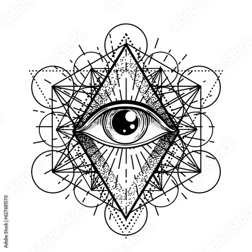 Blackwork tattoo flash. Eye of Providence. Masonic symbol. All seeing eye inside triangle pyramid. New World Order. Sacred geometry, religion, spirituality, occultism. Isolated vector illustration.