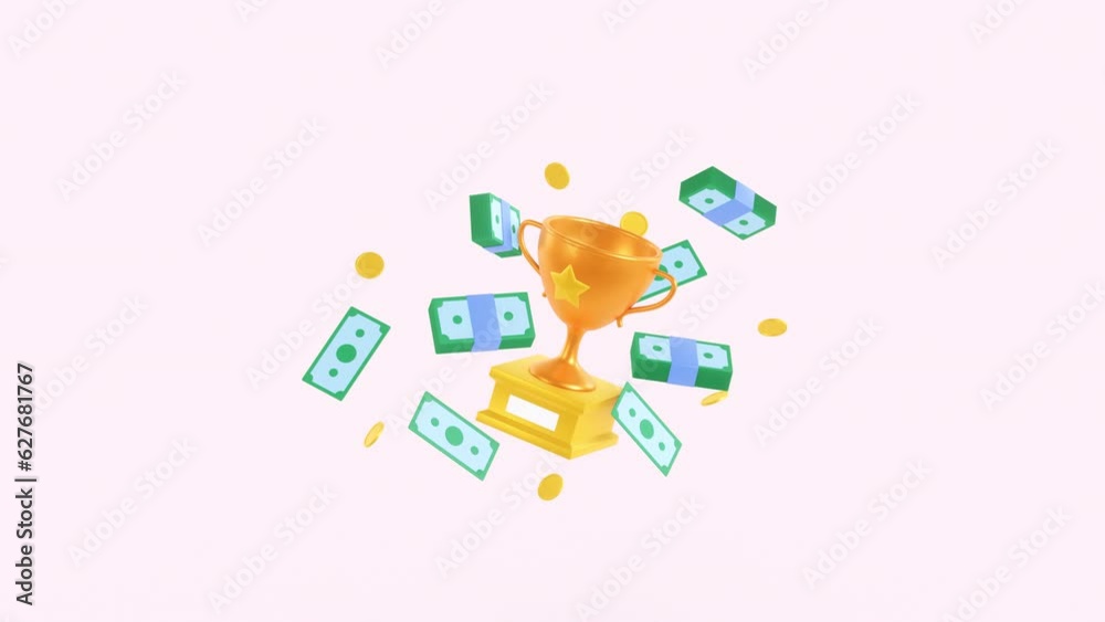 Golden trophy cup and money loop animation. coins and dollar bills, banknotes. 3d render. First place, success win, champion reward. Business or sports achievement. Competition winner, prize, victory Golden trophy cup and money loop animation. coins and dollar bills, banknotes. 3d render. First place, success win, champion reward. Business or sports achievement. Competition winner, prize, victory
