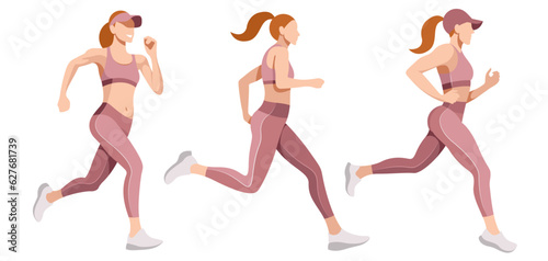 vector set of a realistic slender girl in a sports uniform (leggings and a sports bra) is engaged in fitness, sports, trains isolated on a white background. woman runs. morning run. jogging. marathon