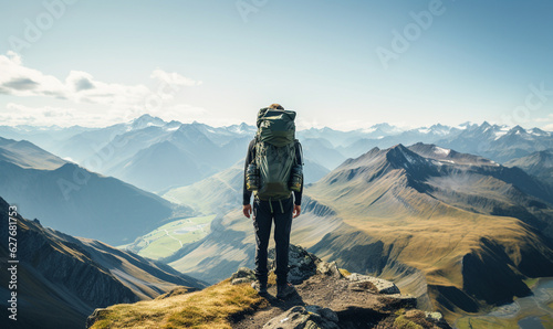 a hiker standing at the peak of a mountain with a backpack © Debi Kurnia Putra
