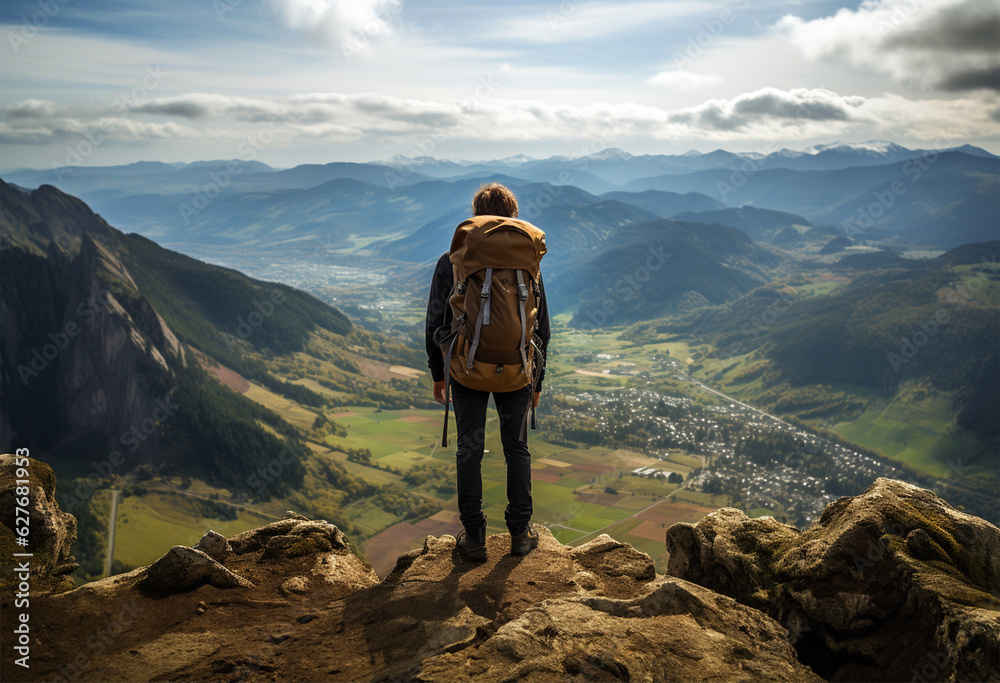 a hiker standing at the peak of a mountain with a backpack a hiker standing at the peak of a mountain with a backpack