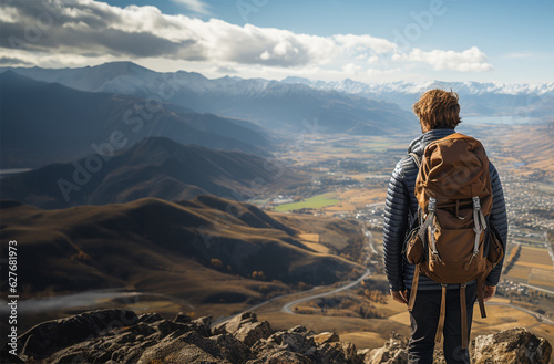 a hiker standing at the peak of a mountain with a backpack