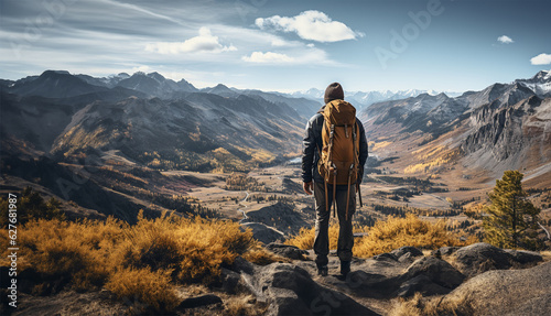 a hiker standing at the peak of a mountain with a backpack