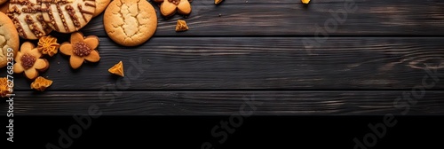 Closeup of delicious homemade desserts. Top view seasonal biscuits and cookies on background of wooden table