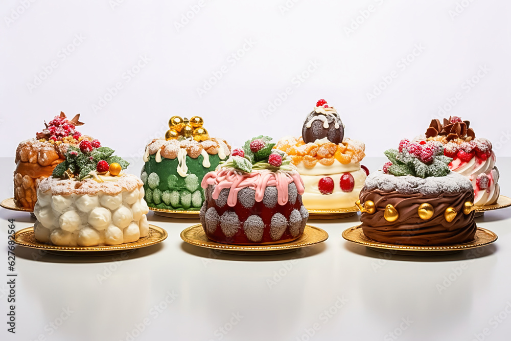 A group of festive decorated cupcakes.