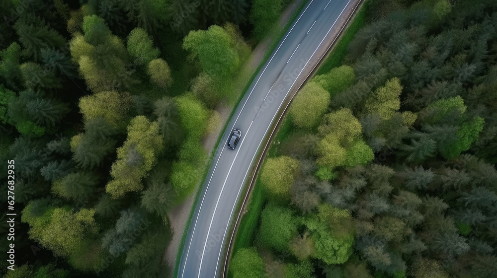 Aerial view of a car driving on the road in the forest