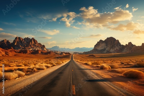 Infinity's Embrace: A Serene Photograph of an Empty Road Embracing the Endless Desert Horizon with Graceful Serenity Generative AI