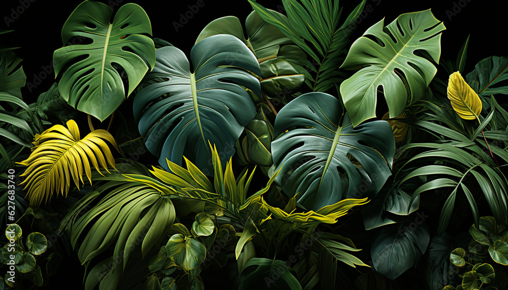 Plants and leaves of the Amazonian vegetation...Vertical garden with tropical green leaf contrast...Amazonian Vertical Garden: Contrast of Tropical Plants and Leaves. Generative AI,