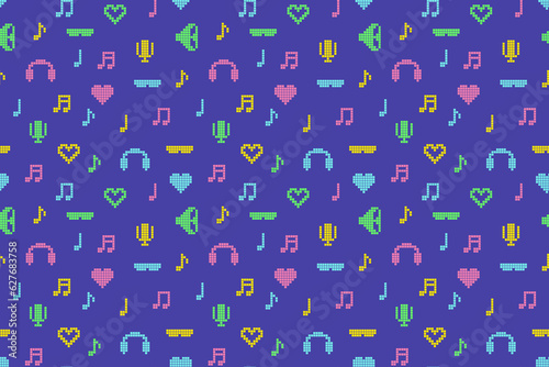 Abstract pixel 90s style seamless pattern of vibrant multicolored retro icons from nineties on blue background