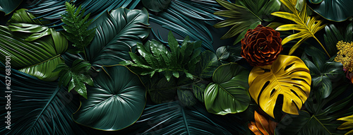 Plants and leaves of the Amazonian vegetation...Vertical garden with tropical green leaf contrast...Tropical Design - Eco and Tropical Leaves in Vibrant Tones. Generative AI,