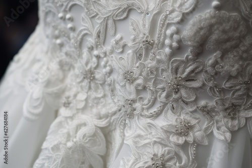  Close up of a detail white wedding dress. Generative AI