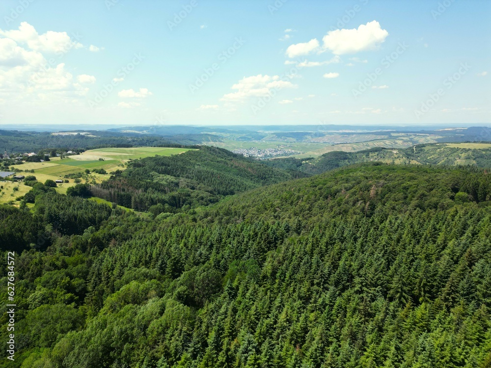 Fields, forest, pastures, aerial view
