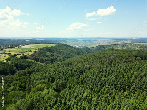 Fields, forest, pastures, aerial view