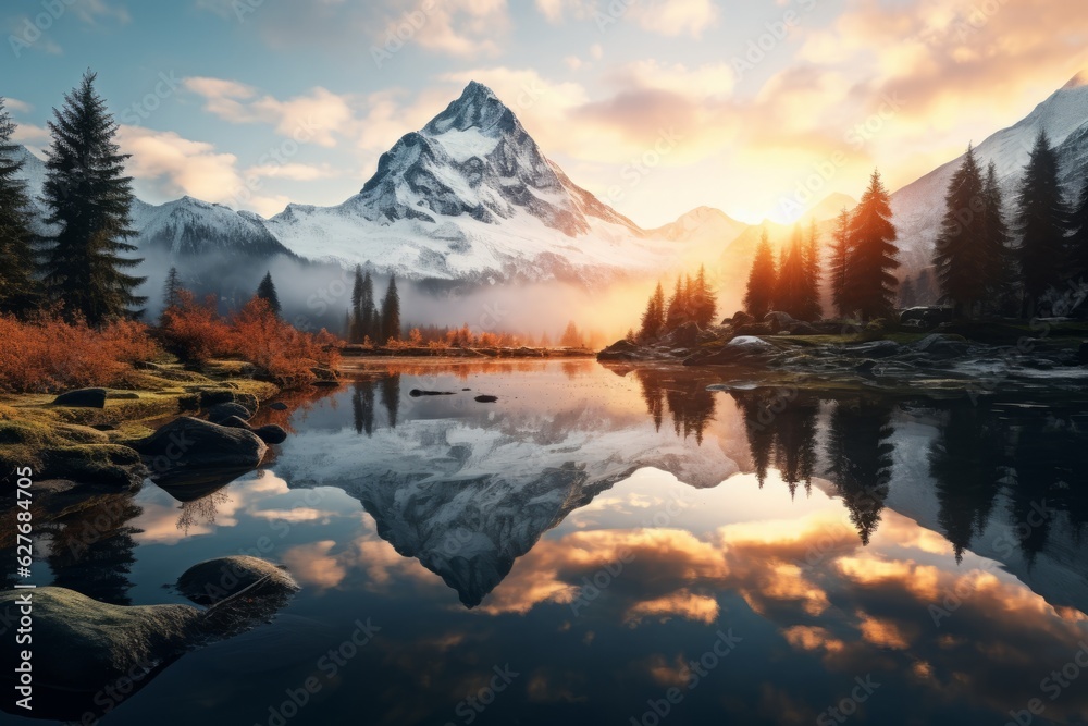 Tranquil Mountain Lake at Sunrise, Generative AI