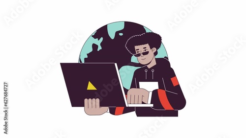 Office anywhere line 2D animation. Internet global business 4K video motion graphic. Stylish hispanic man typing laptop in front of globe world linear animated cartoon flat concept, white background photo