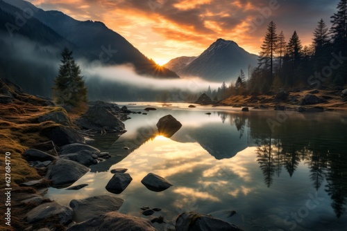 Tranquil Mountain Lake at Sunrise, Generative AI