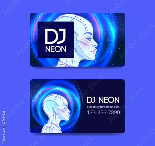 Portrait of robot android woman in retro futurism style. Vector illustration of a cyborg in glowing neon bright colors. futuristic synth wave flyer template. Cyber technology.