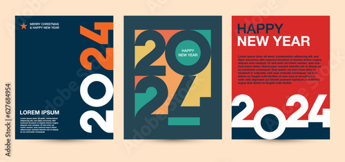 2024 colorful set of Happy New Year posters. typography design Happy new year 2024 for celebration and season decoration, backgrounds, branding, banner, cover, card and or social media template.