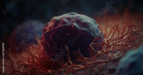 A cancer cell with a yellow glow, Video Concept of cancer cell attacking body cell. 