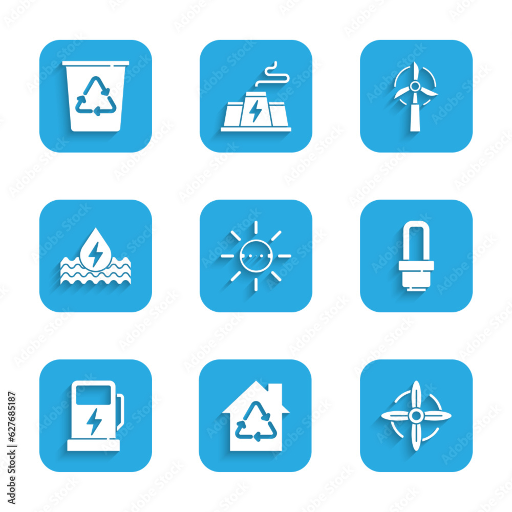 Set Solar energy panel, Eco House with recycling, Wind turbine, LED light bulb, Electric car charging station, Water, and Recycle recycle icon. Vector Set Solar energy panel, Eco House with recycling, Wind turbine, LED light bulb, Electric car charging station, Water, and Recycle recycle icon. Vector