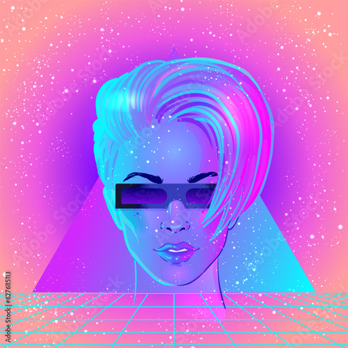 Futuristic synth wave style. Retroparty flyer template. Portrait of a young pretty androgynous woman with short shaved pixie undercut in retro futurism style. Vector illustration in neon bright color