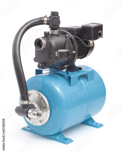 Well water jet pump and tank with pressure switch on white.
