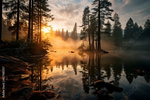 Tranquil Lake Surrounded by Towering Pine Trees, Generative AI © Giantdesign