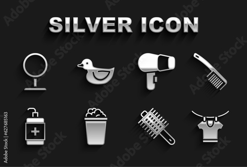 Set Bucket with soap suds, Hairbrush, Drying clothes, Hand sanitizer bottle, dryer, Round makeup mirror and Rubber duck icon. Vector