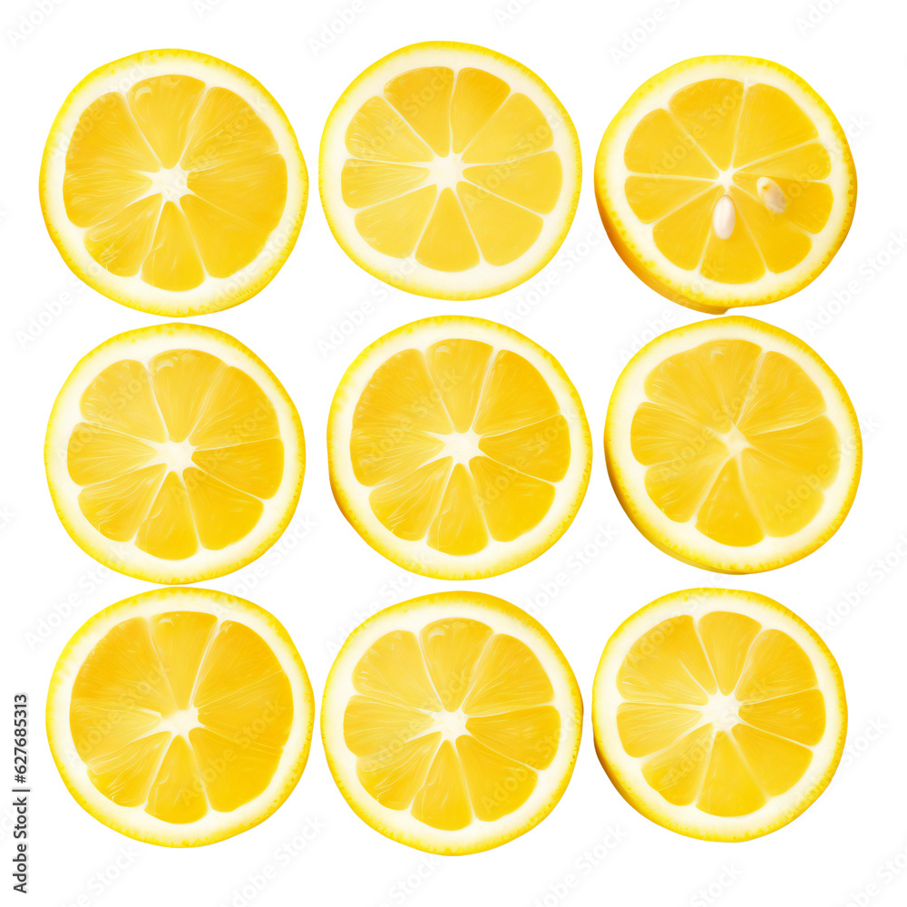 Lots of slices/circles of lemons. Sliced lemon. Isolated on a transparent background. KI.