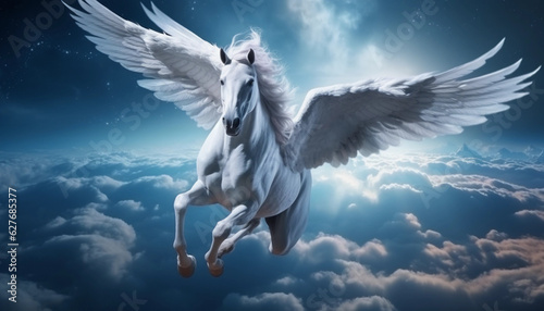 white pegasus flies over clouds made with Generative AI © Annuitti