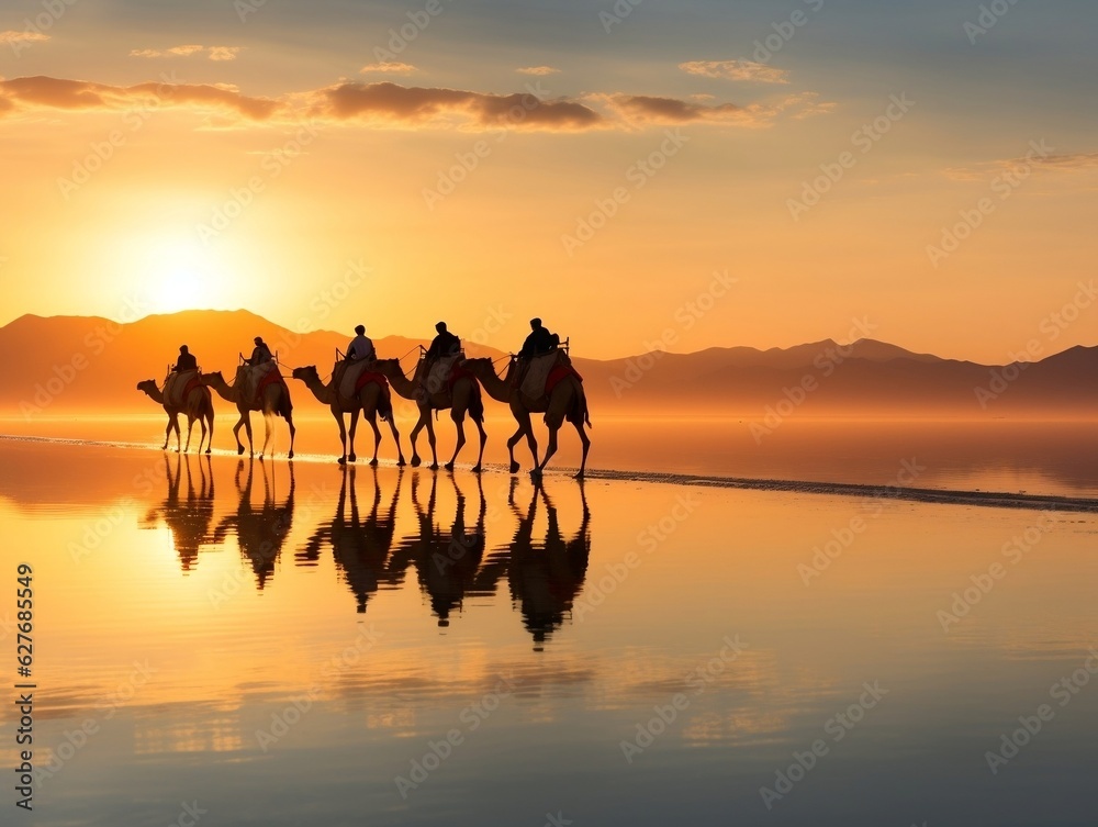 Camels silhouette on the salt lake at sunrise generative ai