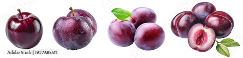 Ripe plum. Cross-section of country plums. Plums set. Plum close-up. Isolated on a transparent background. KI.