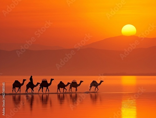 Camels silhouette on the salt lake at sunrise generative ai