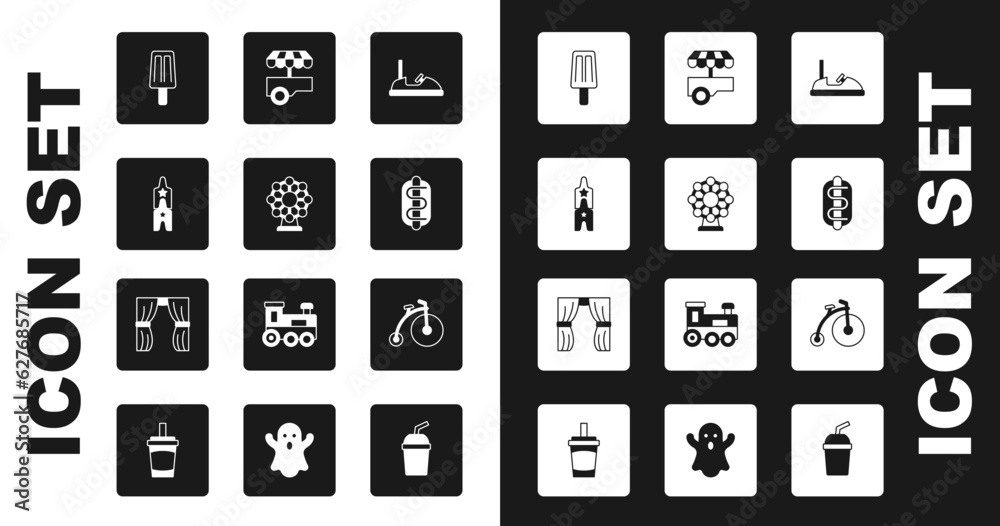 Set Bumper car, Ferris wheel, Circus ticket, Ice cream, Hotdog sandwich, Fast street food cart, Vintage bicycle and curtain raises icon. Vector Set Bumper car, Ferris wheel, Circus ticket, Ice cream, Hotdog sandwich, Fast street food cart, Vintage bicycle and curtain raises icon. Vector