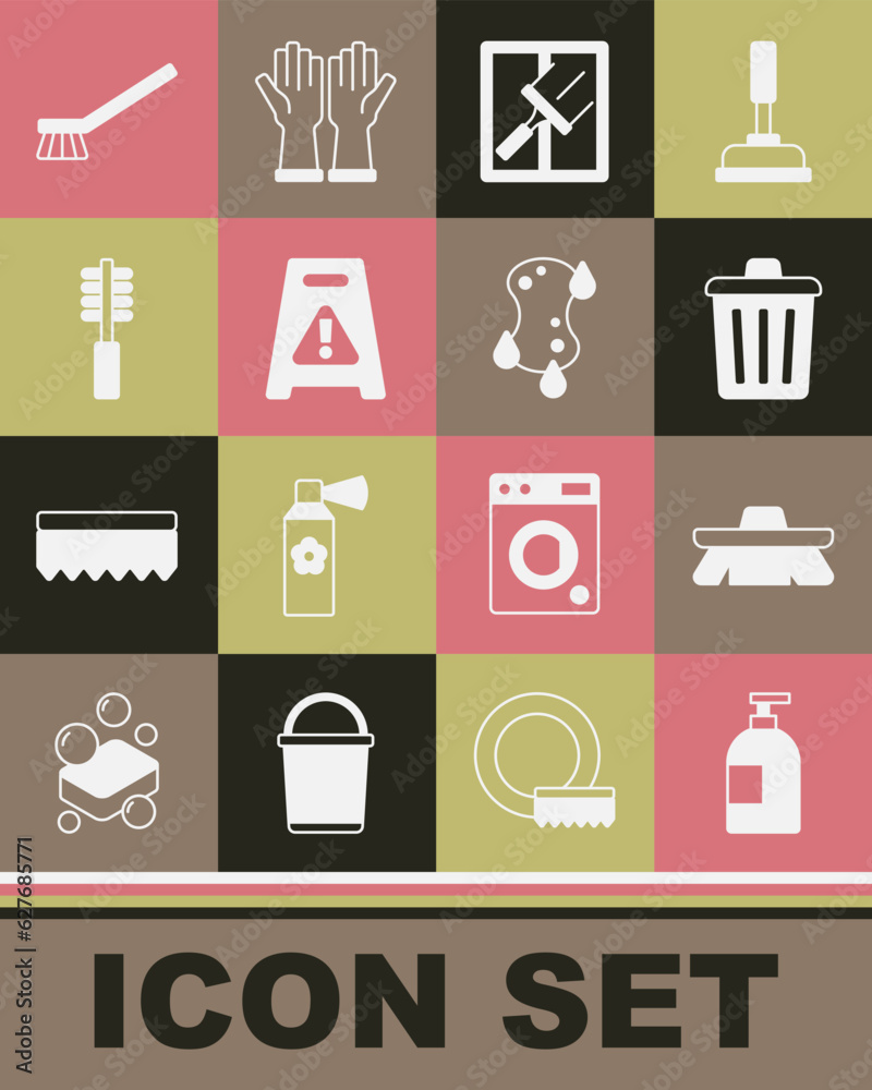 Set Dishwashing liquid bottle, Brush for cleaning, Trash can, Rubber cleaner windows, Wet floor, Toilet brush, and Sponge icon. Vector Set Dishwashing liquid bottle, Brush for cleaning, Trash can, Rubber cleaner windows, Wet floor, Toilet brush, and Sponge icon. Vector