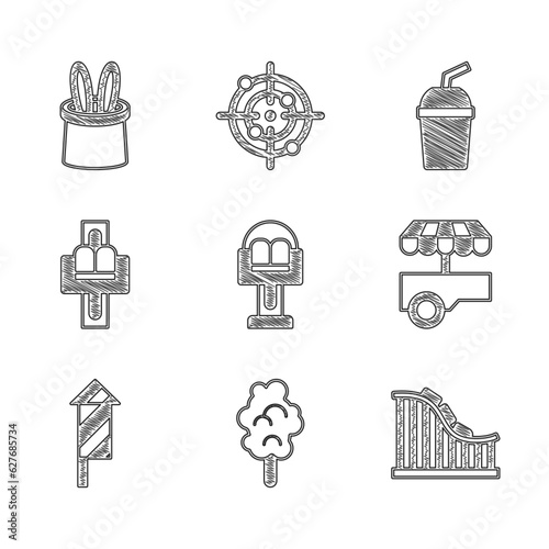 Set Attraction carousel, Cotton candy, Roller coaster, Fast street food cart, Firework rocket, Paper glass with water and Magician hat rabbit ears icon. Vector