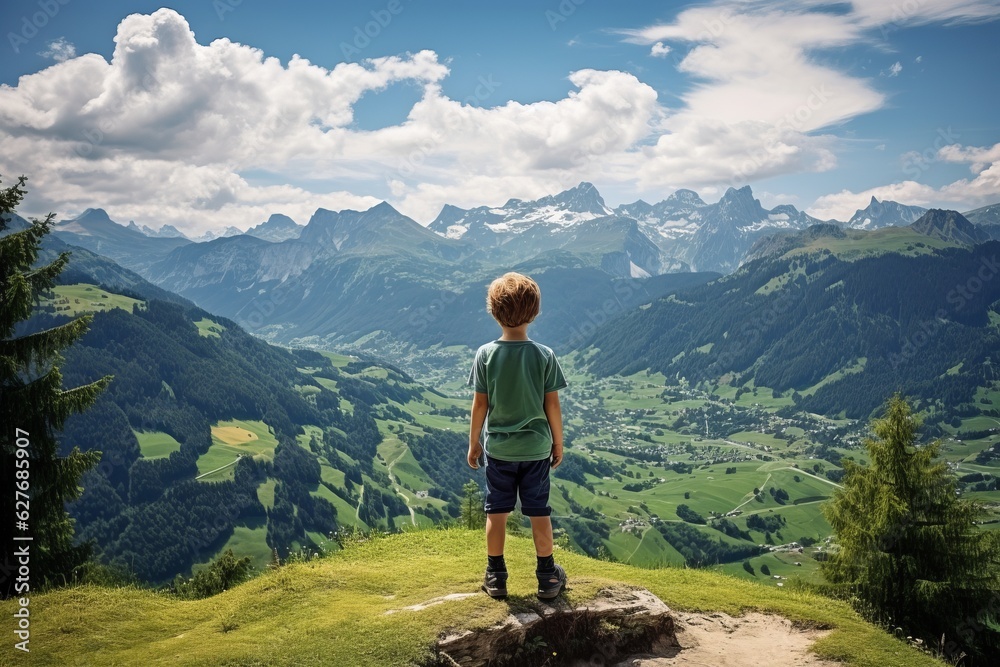 One boy in t-shirt standing and looking at majestic view. Beautiful illustration picture. Generative AI