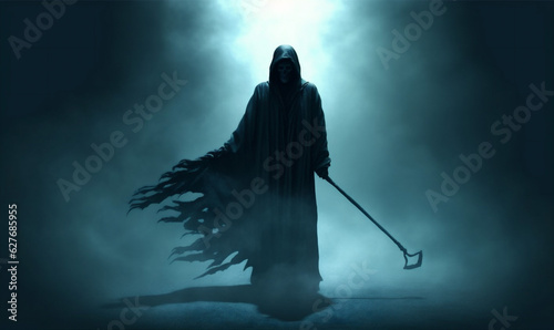 ghost fear horror hood evil creepy halloween night death skeleton. Generative AI.