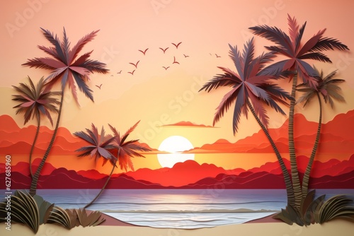 Paper cut art sunset on paradise view. Beautiful illustration picture. Generative AI
