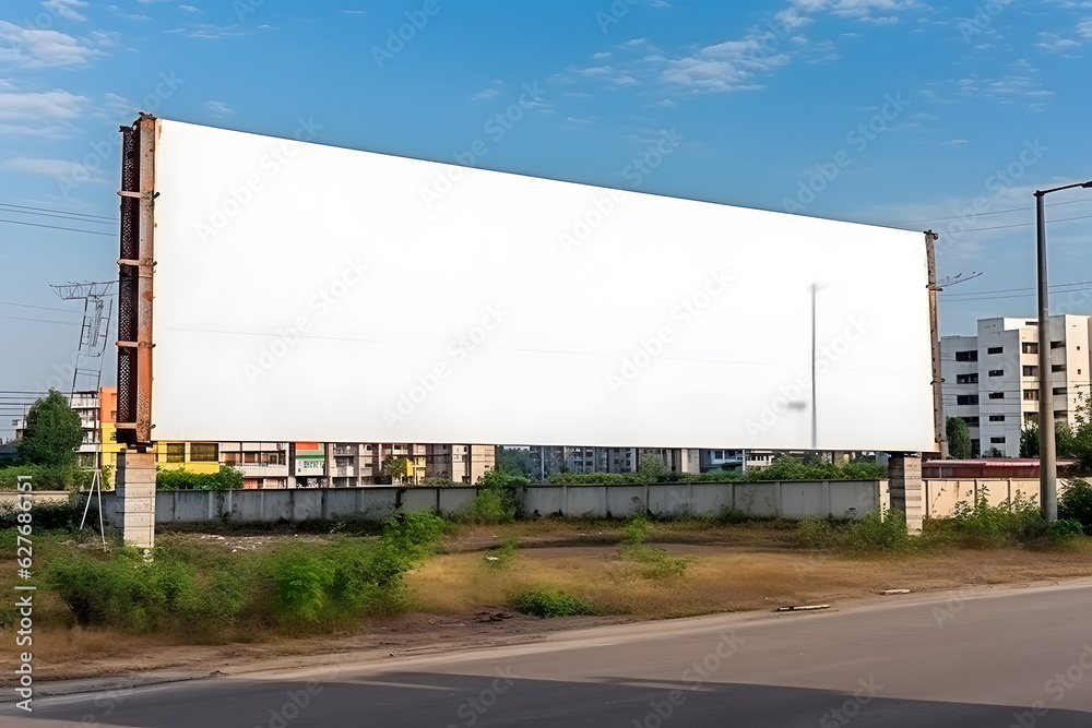 White blank billboard with mockup stands on roadside. Generative AI.