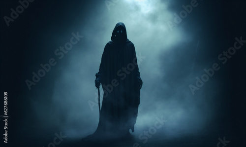 evil death night ghost creepy skeleton fear hood halloween horror. Generative AI.