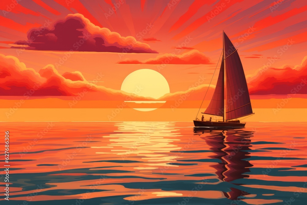 Sailboat at sunset time. Beautiful illustration picture. Generative AI
