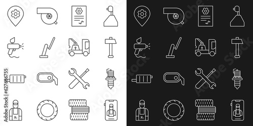 Set line Online car services, Car spark plug, Hammer, Auto check automotive, Windscreen wiper, Paint spray gun, Location with and Tow truck icon. Vector