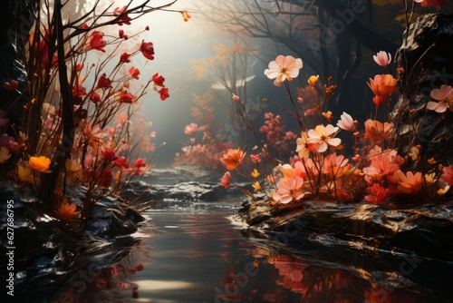 Flowers on the river. Beautiful illustration picture. Generative AI