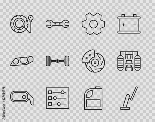 Set line Car rearview mirror, Windscreen wiper, Gear, settings, Tire pressure gauge, Chassis car, Canister for motor machine oil and wash icon. Vector
